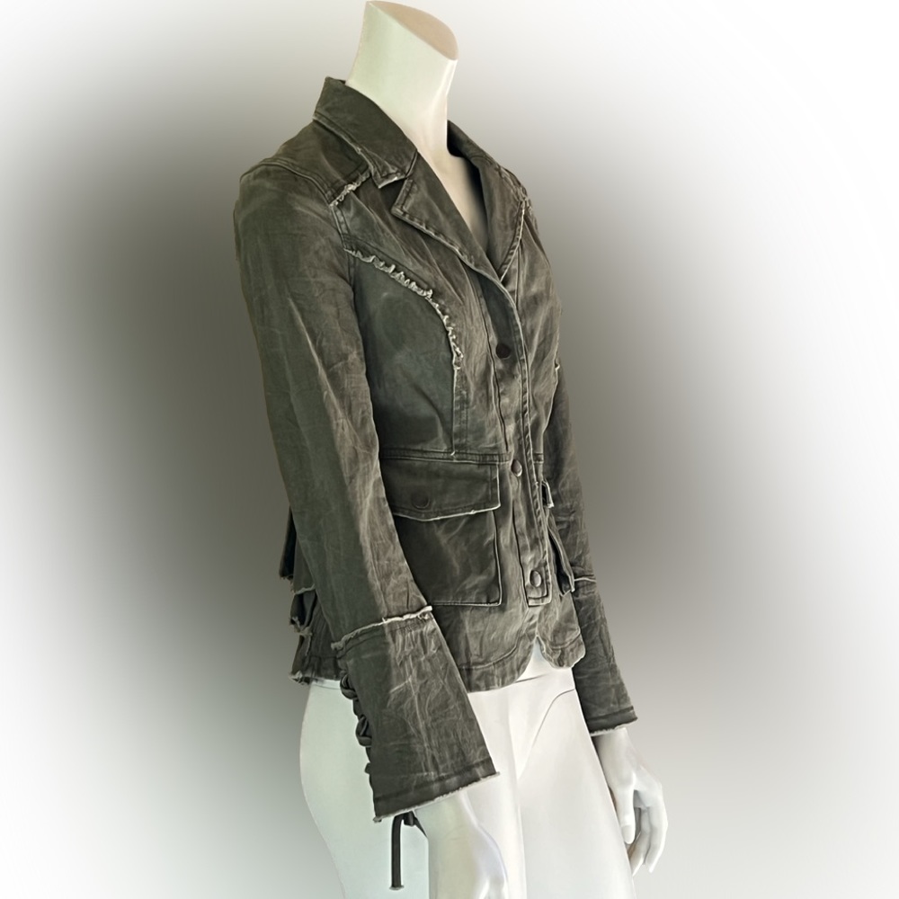 Free People Military Tiered Ruffle Back Twill Utility Jacket SZ XS Olive Green